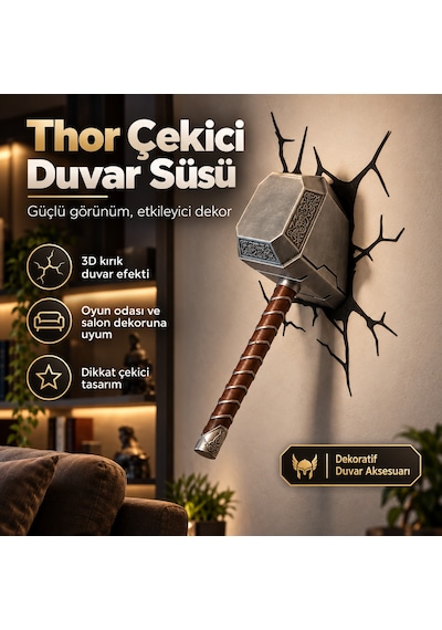 Thor Çekici Duvar Süsü 3d Kırık Duvar Efektli Dekoratif Duvar Süsü Gri-kahve