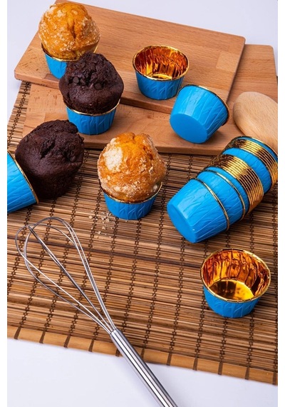 Kağıt Muffin Kek Ve Sufle Kapsülü Mavi Içi Metalik Gold 10'lu Goldcakes