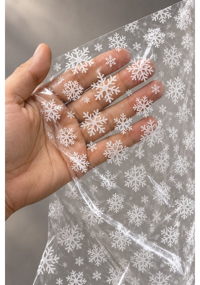 Yılbaşı Kar Tanesi Baskılı Şeffaf Jelatin, 2li Paket, 100x130 Cm, Yeniyıl Hediye Paketleme Jelatini
