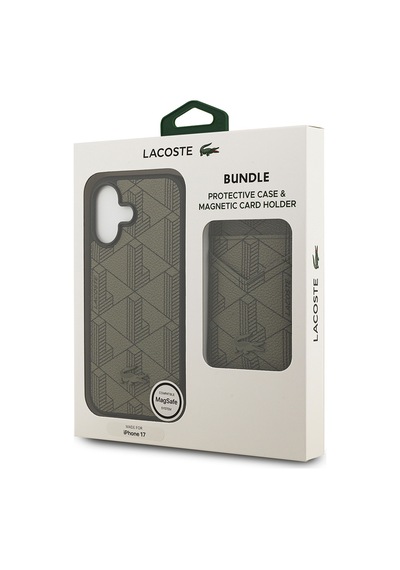 Apple Uyumlu iPhone 17 Kılıf Lacoste Lisanslı M-safeli Pu Deri Tasarımlı Kartlıklı Karışık Monogram Kapak Yeşil Yeşil