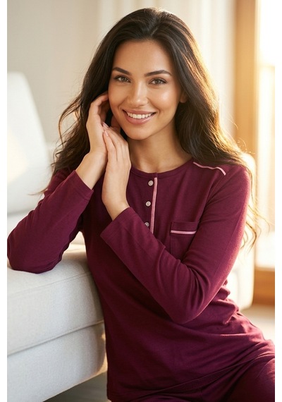 Aura Collections Kadın Pamuklu Uzun Kollu Üç Düğmeli Biyeli Soft Örme Pijama Takımı Mor