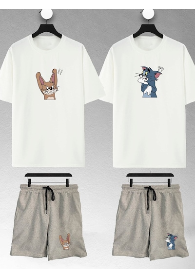 Unisex Kadın Sinirli Tom Ve Jerry Baskılı Sevgili Çift Kombini Tasarım Oversize Tshirt Ve Şort Beyaz-gri Mck2313 Beyaz-Gri