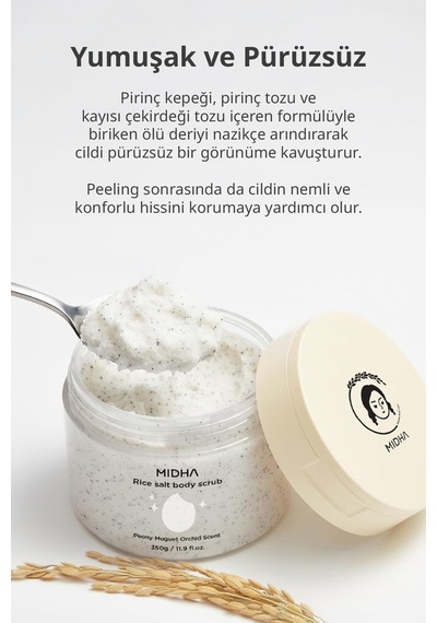 Midha Rice Salt Tuz ve Pirinç İçeren Arındırıcı Vücut Peeling 350 ML