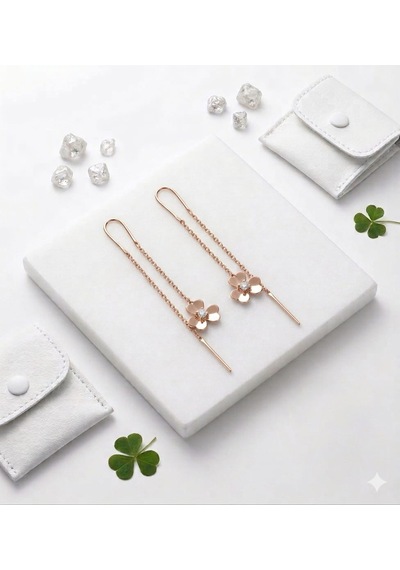 925 Ayar Papatya Silver Tektaş Kalp Sallantılı Yonca Küpe.rose.gold.rodaj Gümüş