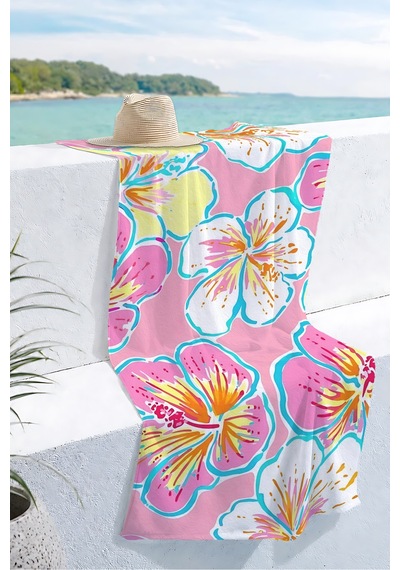 Çiçekli Tropikal Pembe Plaj Havlusu-hibiskus Bohem Yazlık Havuz Deniz Hızlı Kuruyan Mikrofiber Havlu Donuk Esinti