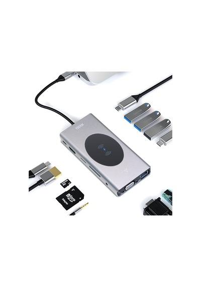 Yerleştirme İstasyonu Usb C Hub 13'ü 1 Arada Kablosuz Şarj İstasyonu, Usb C - Hdmı, Ethernet, Vga, 5 Usb Ve Sd/tf,