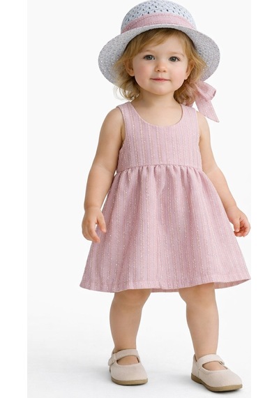 Chicsy Baby Tatlı Kız Bebek Tarz Simli Elbise Şapkalı Fiyonk Detaylı Yazlık 2 Li Kombin Pembe