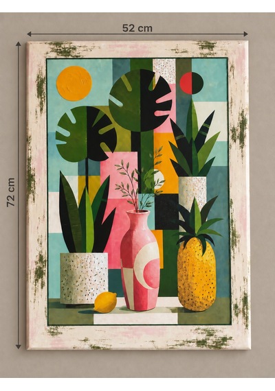 Ahşap Eskitme Çerçeve Desenli Tropikal Geometri Temalı Dekoratif Ahşap Tablo 52x72 Cm