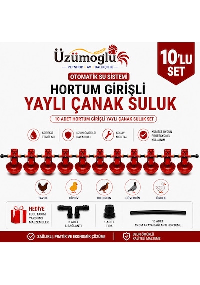 10 Adet Hortum Girişli Yaylı Çanak Suluk Otomatik Tavuk Civciv Suluk Sistemi