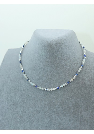 Sertifikalı Labradorit, Lapis Lazuli Ve Hematit Doğal Taşlı Çelik Kadın Kolye Gri