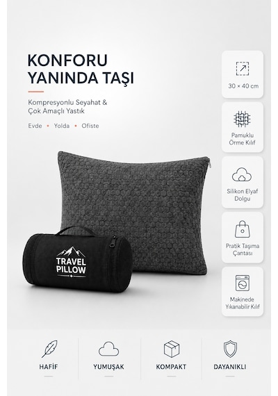 Morphello Kompresyonlu Seyahat Yastığı 30x40 Cm Taşıma Çantalı, Silikon Elyaf Dolgulu, Yıkanabilir Kılıflı Çok Amaçlı Antresit