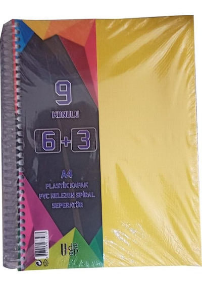 6+3 Ayraçlı Defter 9 Konulu 225 Yaprak 1 Adet 6 Kareli 3 Çizgili Spralli Plastik Kapak Seperatörlü Sarı