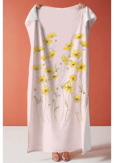 Pembe Zeminde Sarı Çiçek Temalı Plaj Havlusu - Bohem Pastel Floral Hızlı Kuruyan Mikrofiber Havlu Kül Rüyası