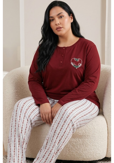 Siyah İnci Pamuklu Likralı Büyük Beden Battal Boy Örme Pijama Takım 26240946 Bordo