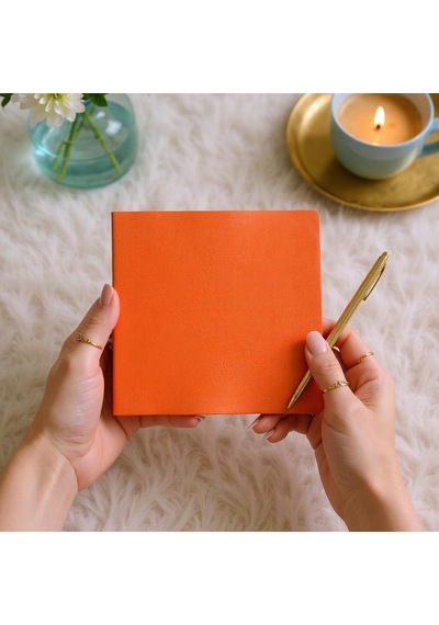 Defter, Noktalı Not Defteri Pu Deri Not Defteri 16,5x16,5 Cm, 96 Yaprak 192 Sayfa , 90 Gr Amber Turuncu