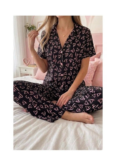 Fit Women Pembe Kalp Desenli Düğmeli Kısa Kollu Pijama Takımı 4590 Siyah