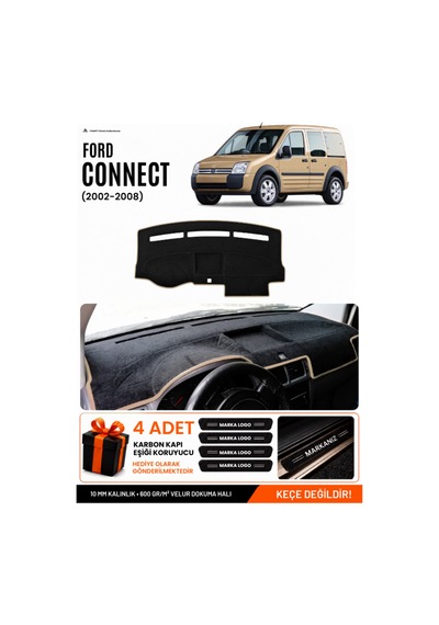 Ford Connect 2002-2008 Uyumlu Torpido Koruma, Torpido Örtüsü, Torpido Kılıfı - Siyah Bej
