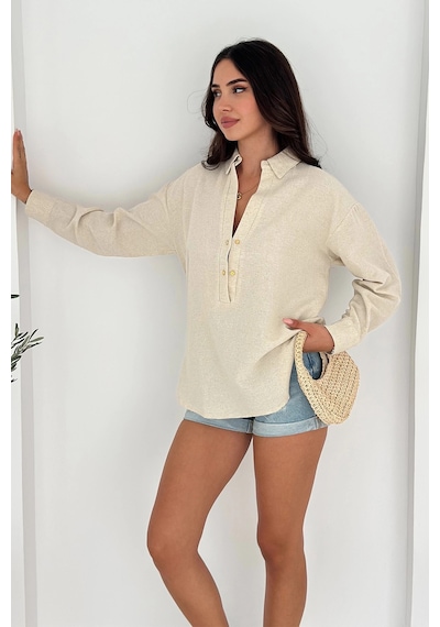 Asprin Fashion Yarım Düğmeli Gömlek Bej