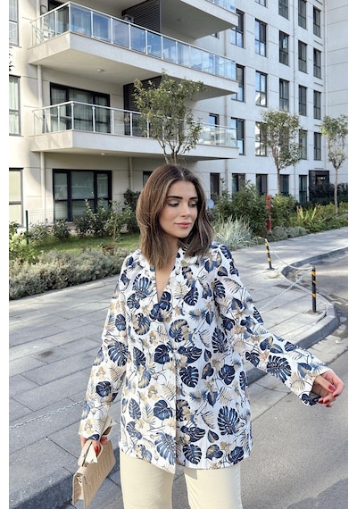 Kadın Mavi Desenli, Uzun Kol, Düğme Kapamalı, Kruvaze Ceket Mavi