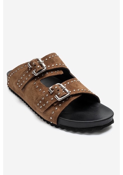 Luvi Shoes Avenelle Toprak Süet Hakiki Deri Çift Bantlı Zımbalı Kadın Terlik
