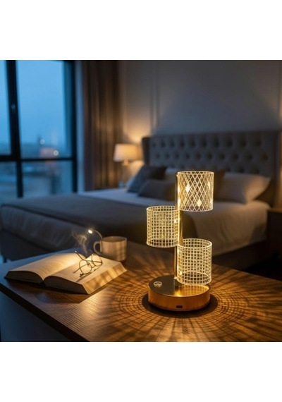 3 Parça Silindirik Kristal Ekose Kareli Led Masa Lambası - Gold Gövdeli, Dokunmatik, 3 Kademe Işık Ayarlı Şarjlı Dekoratif Lamba Bx40 Çok Renkli