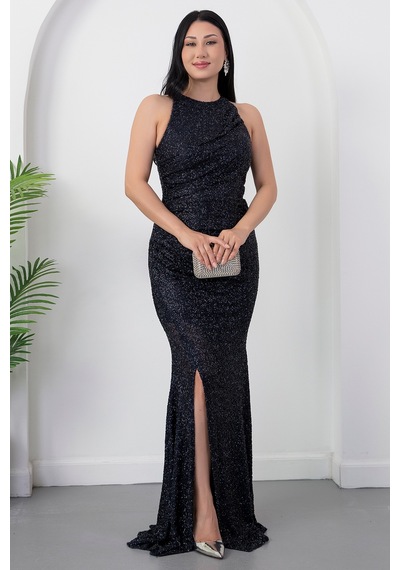 Kalopya Halter Yaka Yırtmaçlı Boncuklu Elbise 41099 Lacivert