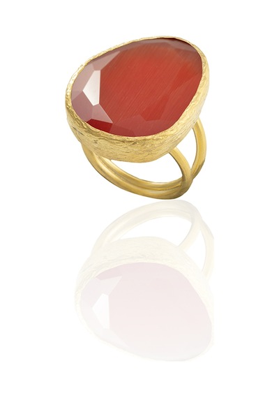 Kadir Jewellery 22 Ayar Altın Kaplama Kadın Fosil Taşlı Yüzük Kırmızı