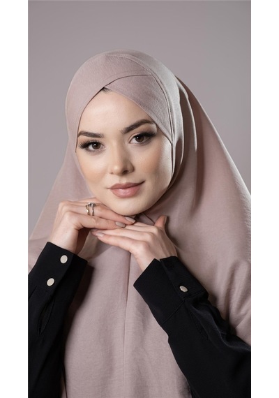 Hürrem Bone Bej Pratik Hazır Geçmeli Tesettür Eşarp Pamuk Caz Kumaş Tek Katlı Çapraz Hijab 2305 12