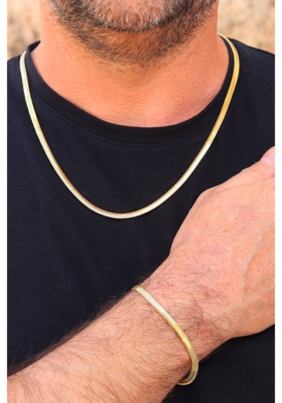 925 Ayar Gümüş Gold Kaplama Yılan Derisi Model Ezme Zincir Kolye Ve Bileklik Kombini 201024152 Gümüş