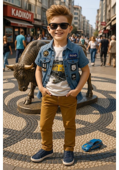 Erkek Çocuk 3'lü Takım Denim Ceket + Astronot Baskılı Tişört + Hardal Pantolon-204 Beyaz