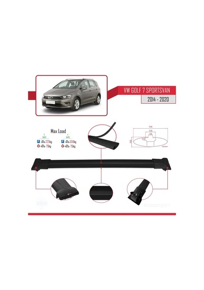 Volkswagen Golf 7 Sportsvan 2014-2020 Arası İle Uyumlu Fly Model Ara Atkı Tavan Barı Siyah 3 Adet Bar