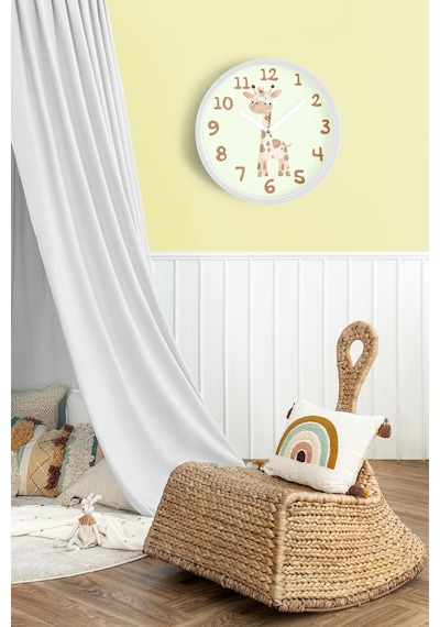 Sevimli Zürafa Temalı Çocuk Odası Modern Duvar Saati - 30cm - Önü Camlı Beyaz Kasa Beyaz