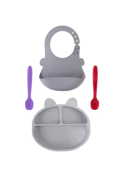 3'lü Silikon Beslenme Seti Bpa Free, Silikon Mama Önlüğü + Vakumlu 3 Gözlü Tabak + 2 Adet Kaşık