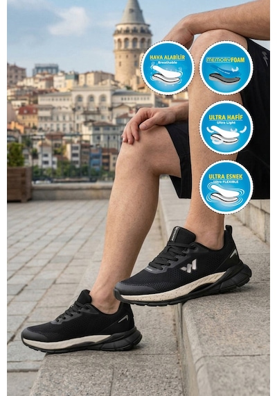 Walkway Siyah-beyaz Hafızalı Taban İthal Fileli Hafif Esnek Erkek Spor Ayakkabı Relaxon M Siyah - Beyaz