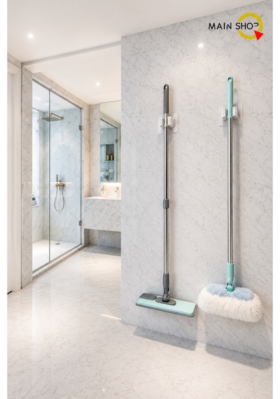 Mainshop 2 Li Paket Yapışkanlı Mop Süpürge Tutucu - Delmesiz Paspas Askısı M-310 Beyaz