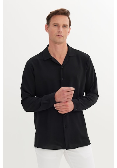 AC&Co / Altınyıldız Classics Erkek Sıyah Comfort Fit Rahat Kesim Hawai Yaka Jakarlı Gömlek Siyah