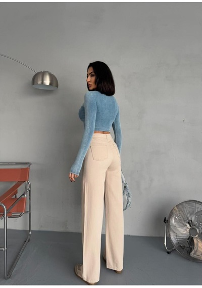 Bej Denım Kumaş Wide-leg Pantolon Bej