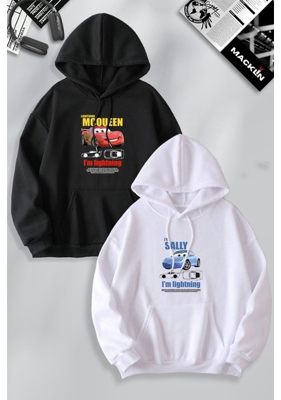 Macklin Sevgili Çift Kombin Mcqueen Ve Sally Ön Baskılı Özel Tasarım Kapüşonlu Sweatshirt 2li Set Takım Siyah Beyaz Mck1148 Çok Renkli
