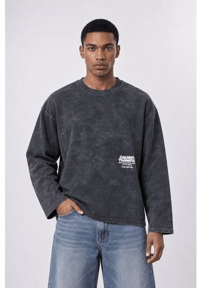 Respire Erkek Always Baskılı Yıkamalı Oversize Long Sleeve Siyah