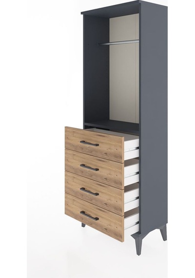 Arges Dolap Tek Raflı 4 Çekmeceli Tek Askılı 60x30x163 Antrasit-çam Antrasit