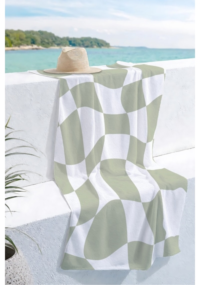 Modern Geometrik Ekose Plaj Havlusu - Soyut Adaçayı Yeşili Minimalist Hızlı Kuruyan Mikrofiber Havlu Çok Renkli