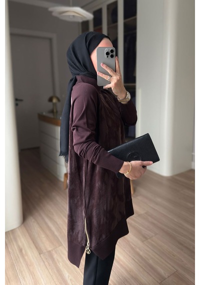 Kahijab Desenli İpek Cupra Merserize Tunik - Kahverengi