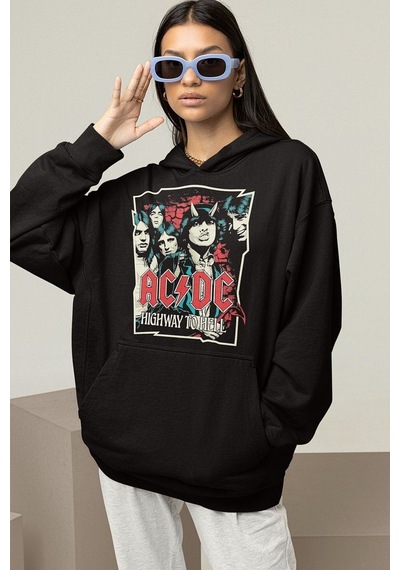 Sevbano Ac Dc Highway To Hell Baskılı Unisex Oversize Rock Metal Hoodie Siyah