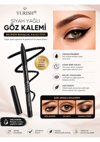 Siyah Yağlı Göz Kalemi Yoğun Siyah Yumuşak Sürüm Gün Boyu Etki 01 Siyah