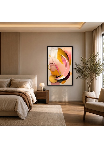 Pastel Akışkan Kavisler Siyah Çerçeveli Cam Tablo