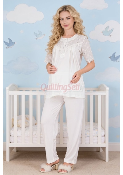 Lady Dantel Detaylı, 33206 Kısa Kol, 2 Parça Lohusa Hamile Pijama Takımı Ekru Renkli