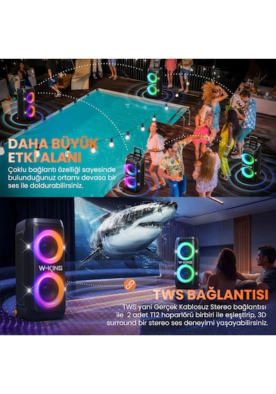 W-kıng T12 Bluetooth Hoparlör, 270w Rms Partybox Ultra Bass, 24 Saate Varan Çalma Süresi, 6 Rgb Işık Modu, Ipx5, Kablosuz Stereo Tws, Otg/usb/tf/aux/bluetooth 5.4, Ses Bombası, Siyah