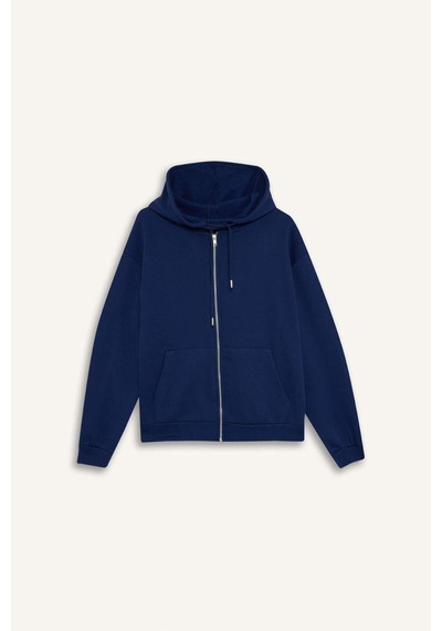 Defacto Relax Fit Kapüşonlu Cepli Basic Düz Fermuarlı Sweatshirt C1809AX24WNNV42 Lacivert