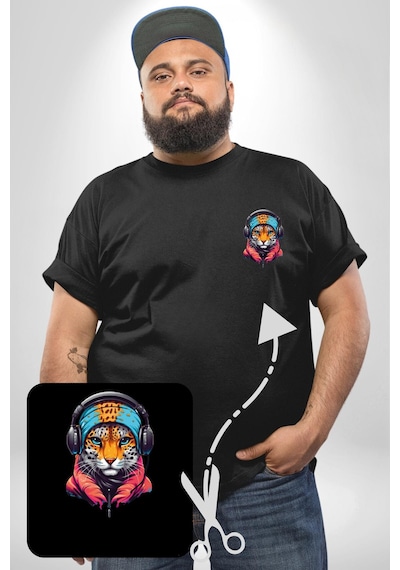 Angemiel Kulaklık Kedi Leopar Bandana Siyah Büyük Beden Kadın Basic Minimal Baskılı Tişört Siyah