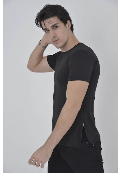 Erkek Yandan Fermuarli Slim Fit T-shirt - Siyah 001